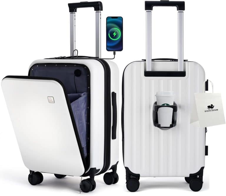 BISON DENIM 20-inch carry-on luggage in white showing front laptop compartment, USB charging port, and built-in cup holder.