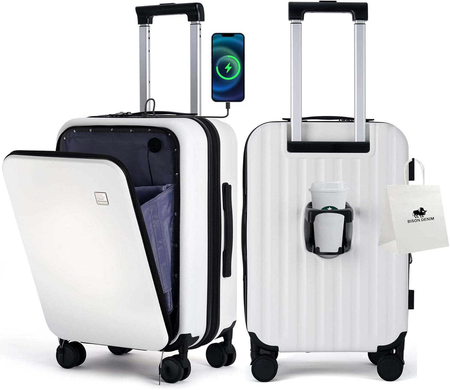 BISON DENIM 20-inch carry-on luggage in white showing front laptop compartment, USB charging port, and built-in cup holder.