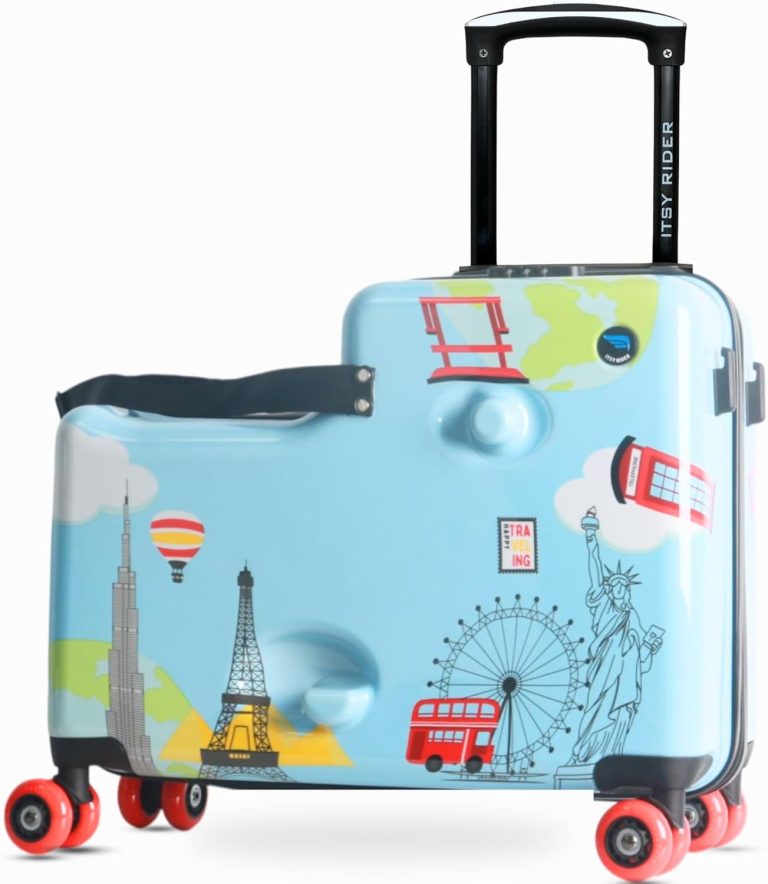 Blue Cegali Itsy Rider 20-inch ride-on suitcase with red PU wheels and world landmark graphics.