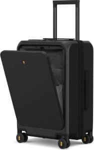 LEVEL8 Road Runner Carry-On 20-inch suitcase with the front laptop compartment open, showcasing its hard-shell door and organized tech sleeves.