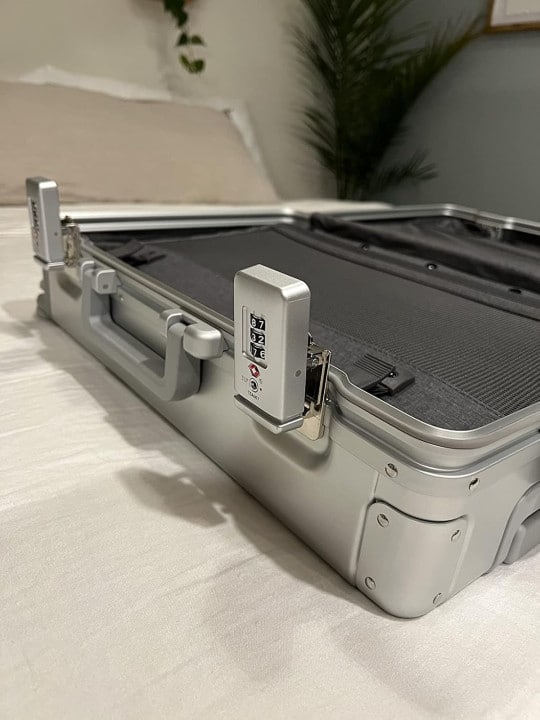 Level8 Gibraltar Aluminum Carry-On Review 9 Close-up of Level8 Gibraltar aluminum carry-on TSA-approved combination lock