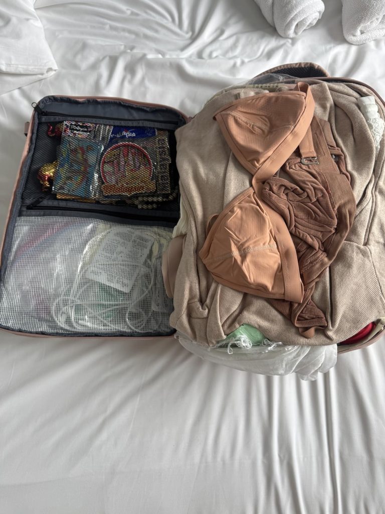 Taygeer Travel Backpack for Women Review 4 Taygeer Travel Backpack opened flat and fully packed with clothes, toiletries, and accessories.