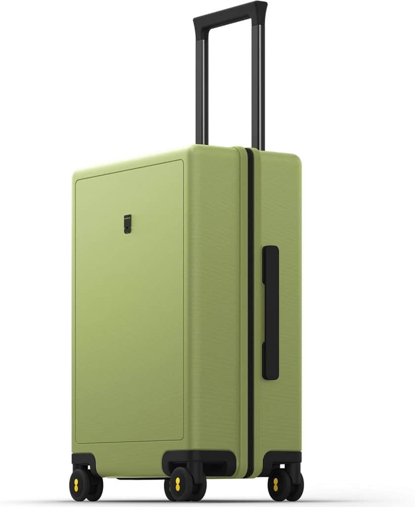 LEVEL8 Cabin carry-on luggage in light green, featuring a minimalist front compartment, telescoping handle, and four spinner wheels.
