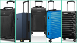 Lineup of the best carry-on luggage for Delta Airlines including softside and hardside suitcases from Travelpro, LEVEL8, Briggs & Riley, Amazon Basics, and Samsonite.