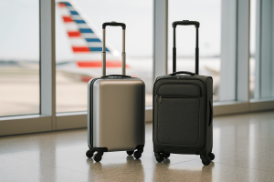 Two 22-inch American Airlines–compliant carry-on suitcases, one hardside and one softside, standing upright with extended handles inside an airport terminal, with a blurred aircraft tail visible through the window.