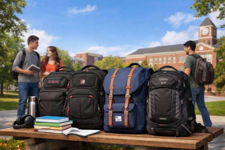 Large school backpacks displayed on a college campus bench with textbooks and students in the background