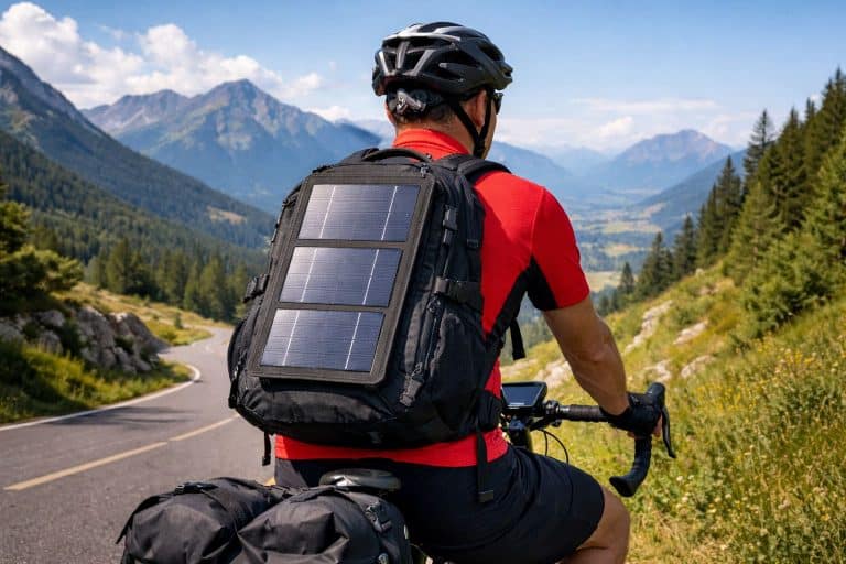 Cyclist wearing a solar power backpack while riding on a scenic mountain road in daylight