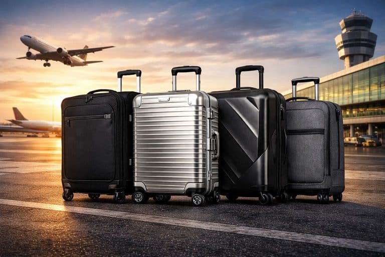 High-end carry-on suitcases on an airport tarmac at sunset with an airplane taking off, representing luggage built for frequent business travel.
