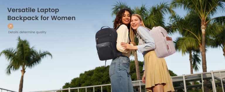 Business women carrying versatile waterproof laptop travel backpacks outdoors during business travel