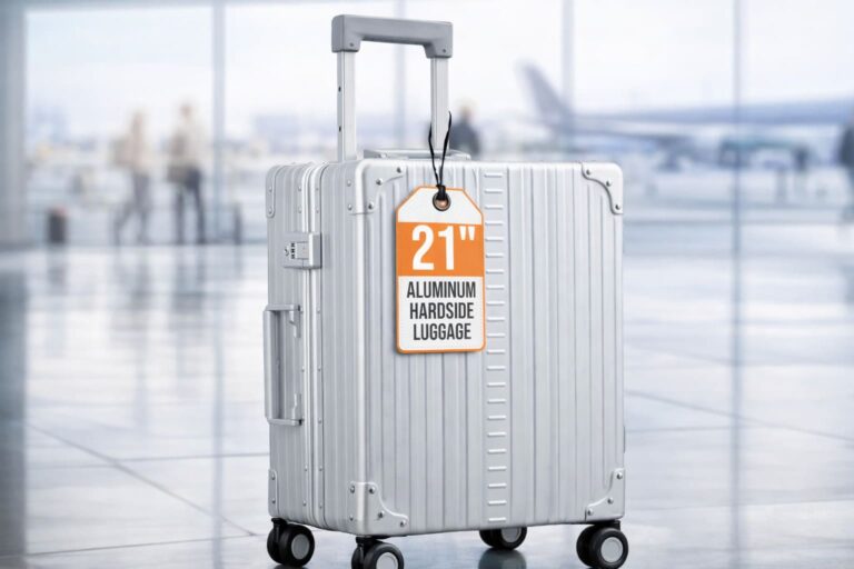 Aleon 21-inch all aluminum lightweight international carry-on luggage with spinner wheels and TSA locks in airport setting