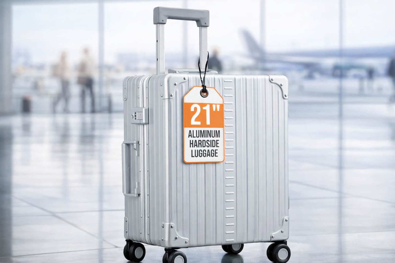 Aleon 21-inch all aluminum lightweight international carry-on luggage with spinner wheels and TSA locks in airport setting