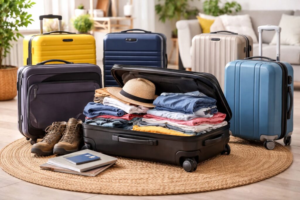 Things to Avoid Before Buying a Luggage: Common Mistakes Travelers Make 5 A selection of hard-shell and softside suitcases arranged in a living room, with an open suitcase packed with folded clothes, shoes, and travel essentials before a trip.