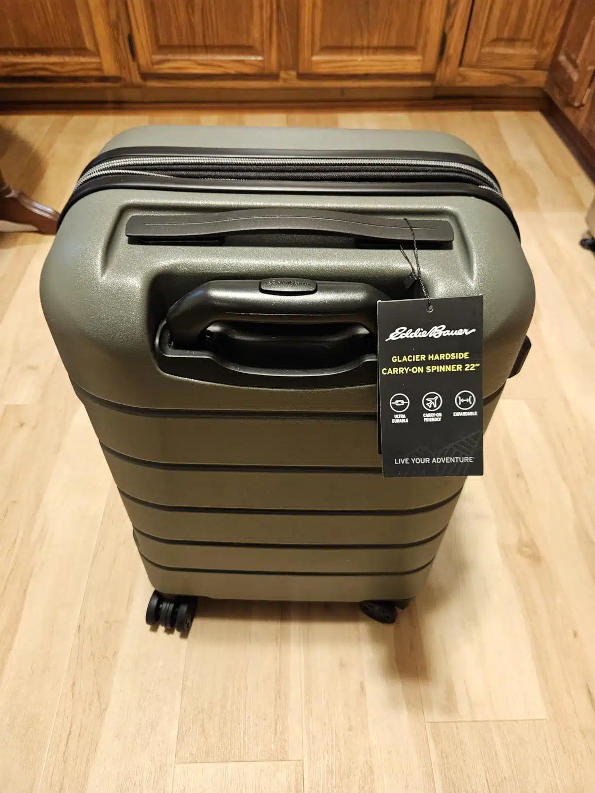 Eddie Bauer Glacier 22 inch hardside carry-on luggage upright with textured shell and top handle detail
