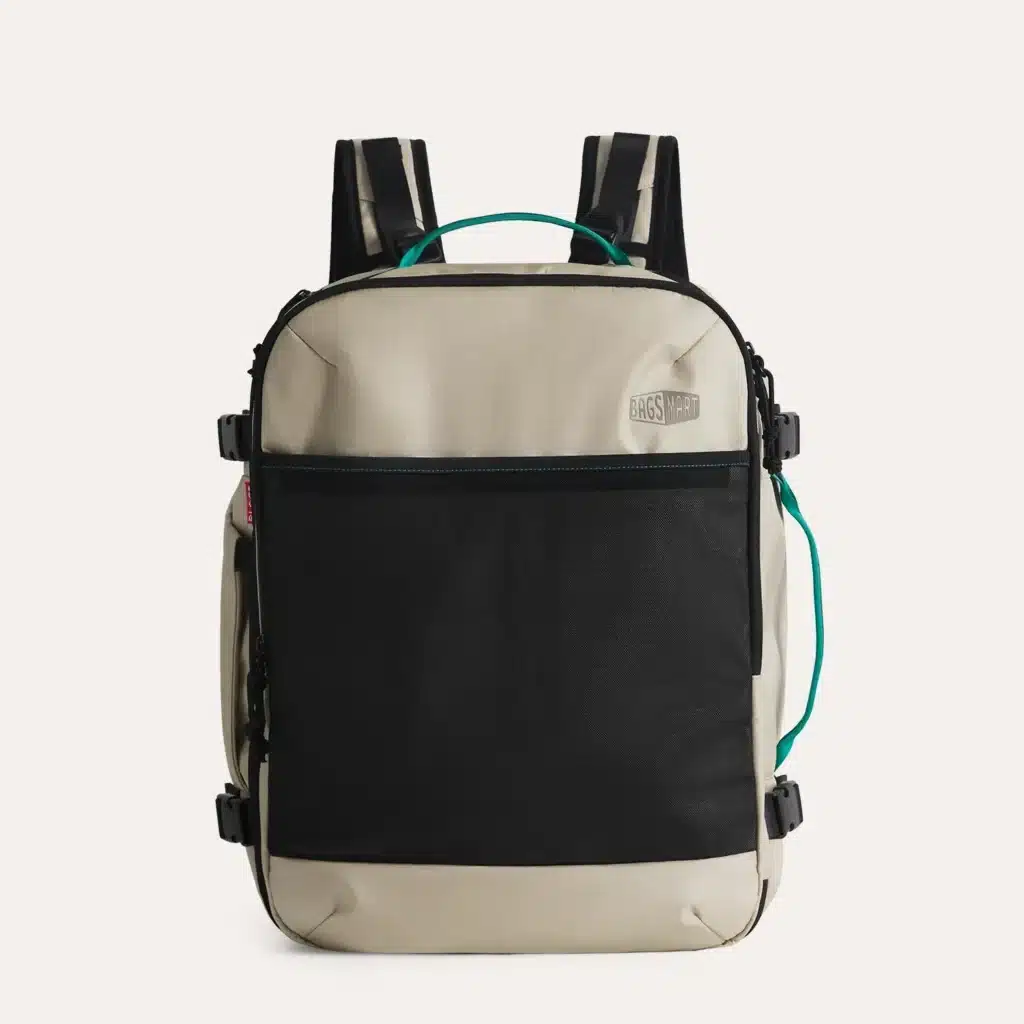 BAGSMART Blast Pro 40L Travel Backpack Review: A Surprisingly Smart Carry-On for One-Week Trips 6 Blast Pro 40L travel backpack front view in beige and black with compact carry-on design