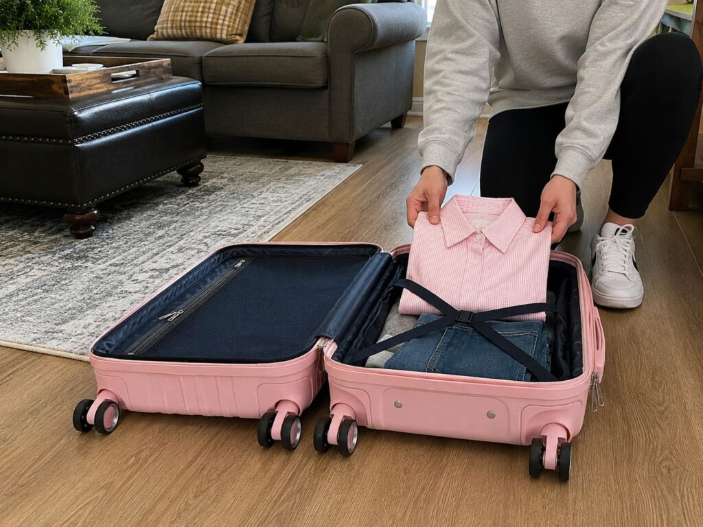 Person packing clothes into a pink Rockland Palm Beach carry-on suitcase in a living room