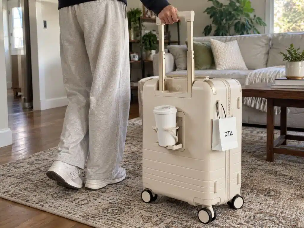 DTA Nova Carry-On 20-Inch Review: A Practical Top-Opening Suitcase for Short Trips 2 Person pulling a cream DTA Nova 20-inch carry-on suitcase through a naturally lit living room