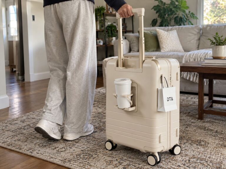 Person pulling a cream DTA Nova 20-inch carry-on suitcase through a naturally lit living room